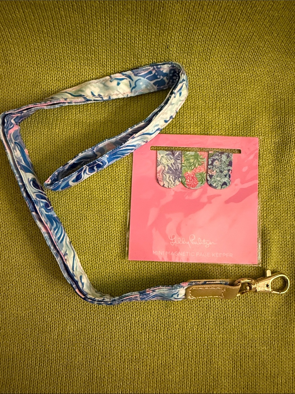 Lilly Pulitzer Blue and Pink Floral Lanyard with Gold Clip and Page Markers